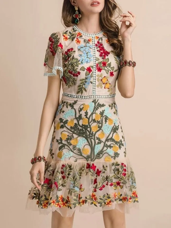 Beige flowers embroidered mini dress