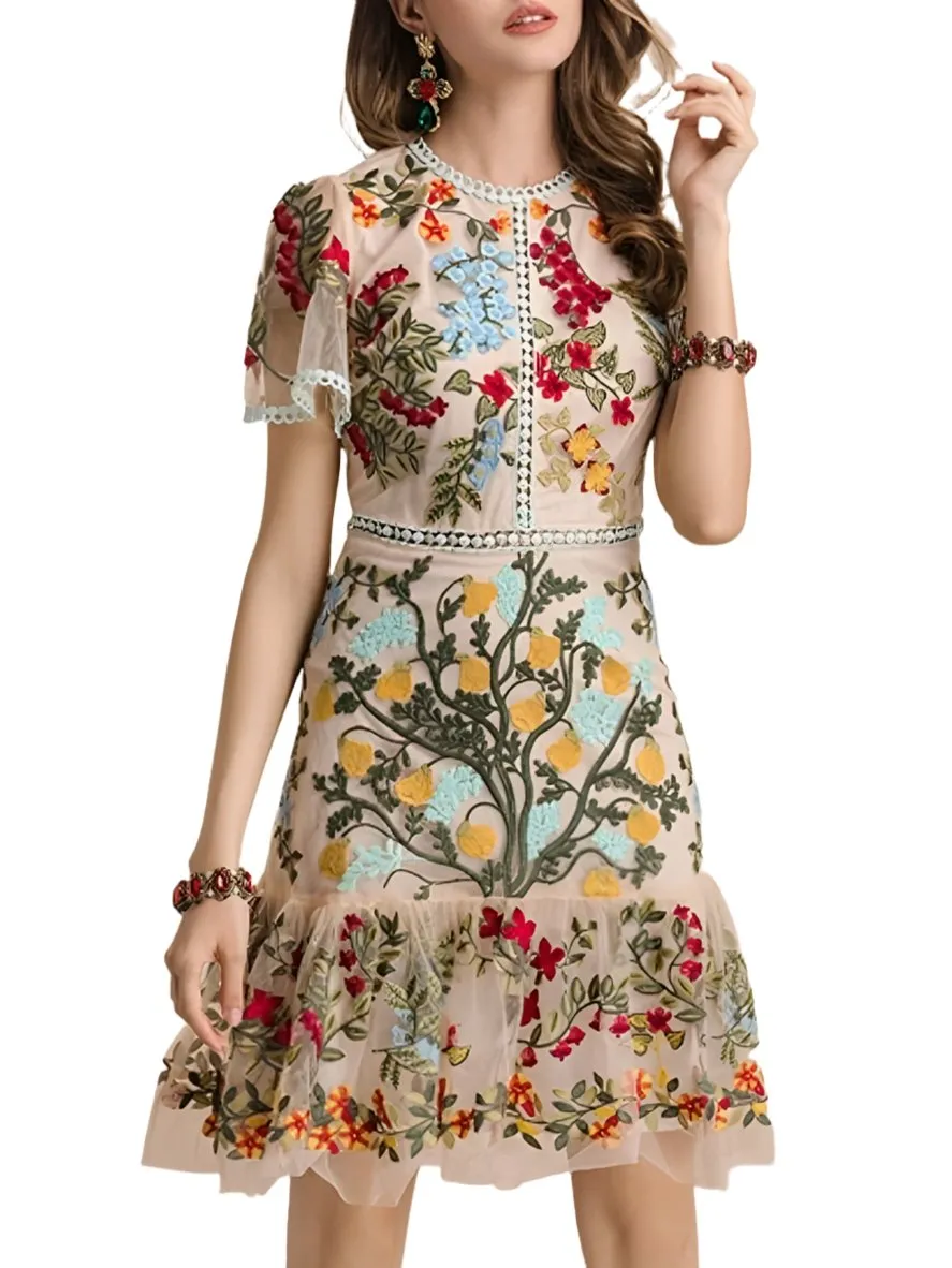 Beige flowers embroidered mini dress