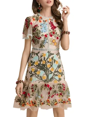 Beige flowers embroidered mini dress