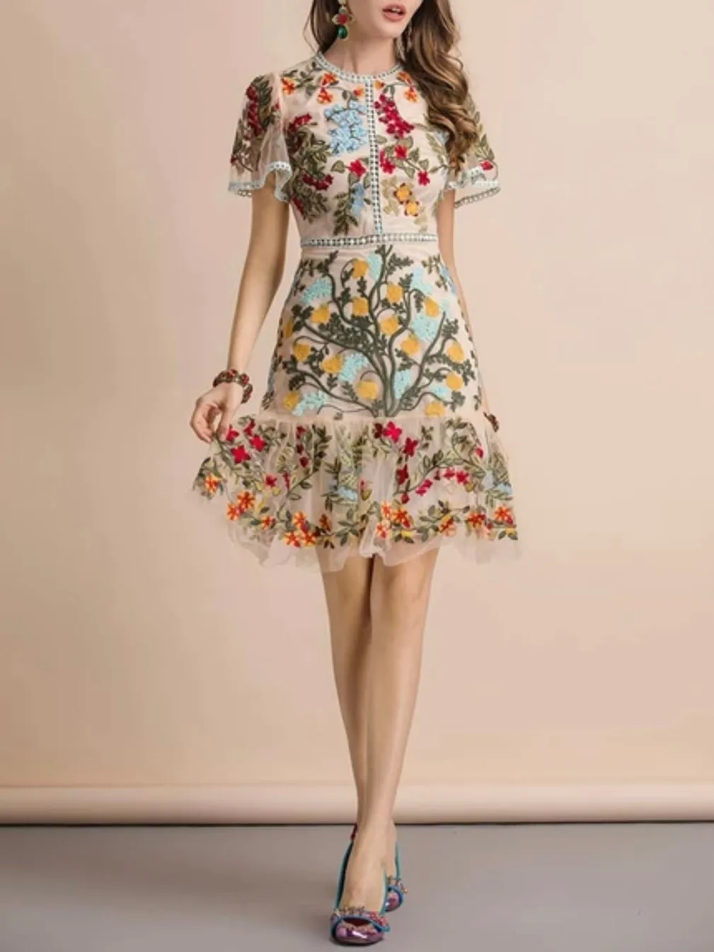 Beige flowers embroidered mini dress