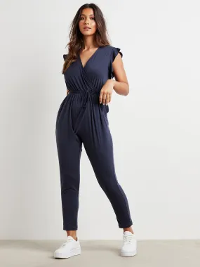 Frill Sleeves Wrap Front V Neck Straight Leg Jumpsuit