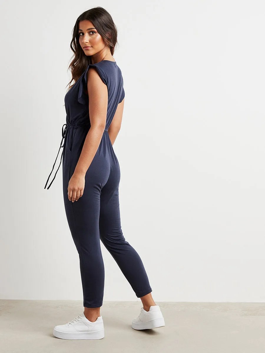 Frill Sleeves Wrap Front V Neck Straight Leg Jumpsuit