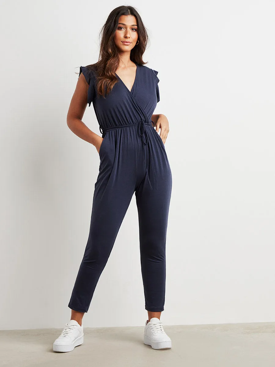 Frill Sleeves Wrap Front V Neck Straight Leg Jumpsuit