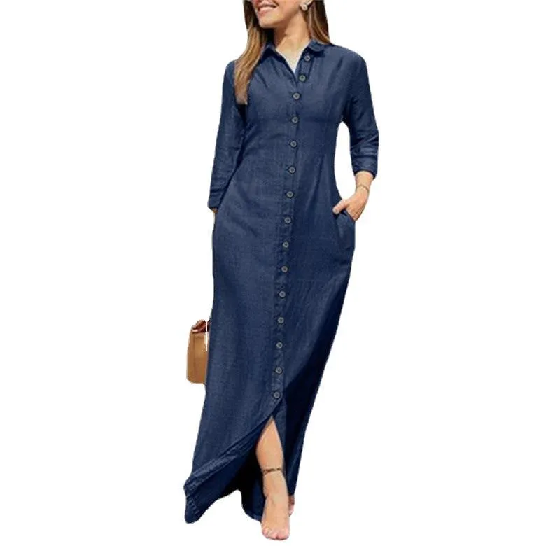 Ivyshape | Buttons Down Long Sleeve Maxi Denim Dress