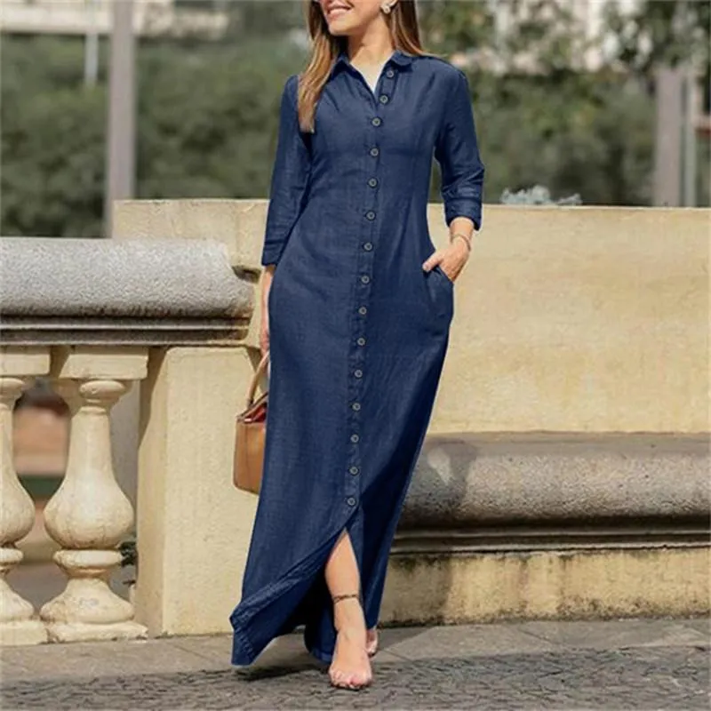 Ivyshape | Buttons Down Long Sleeve Maxi Denim Dress