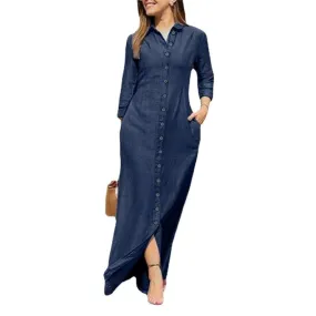 Ivyshape | Buttons Down Long Sleeve Maxi Denim Dress
