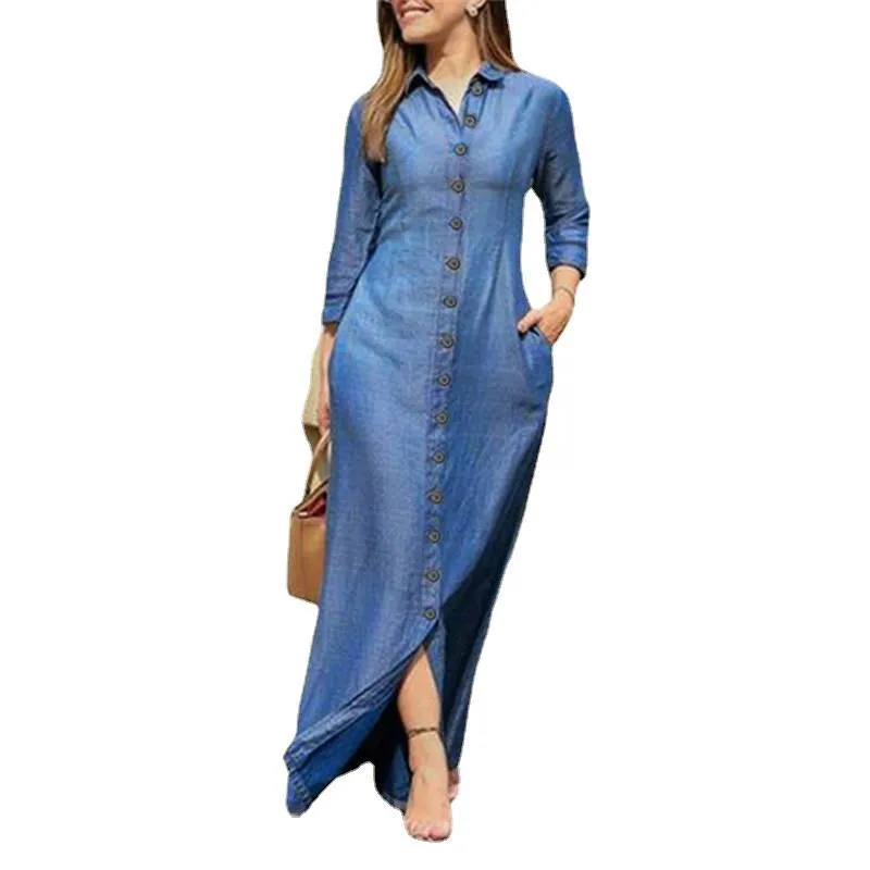 Ivyshape | Buttons Down Long Sleeve Maxi Denim Dress