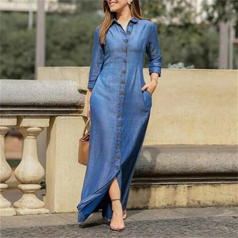Ivyshape | Buttons Down Long Sleeve Maxi Denim Dress