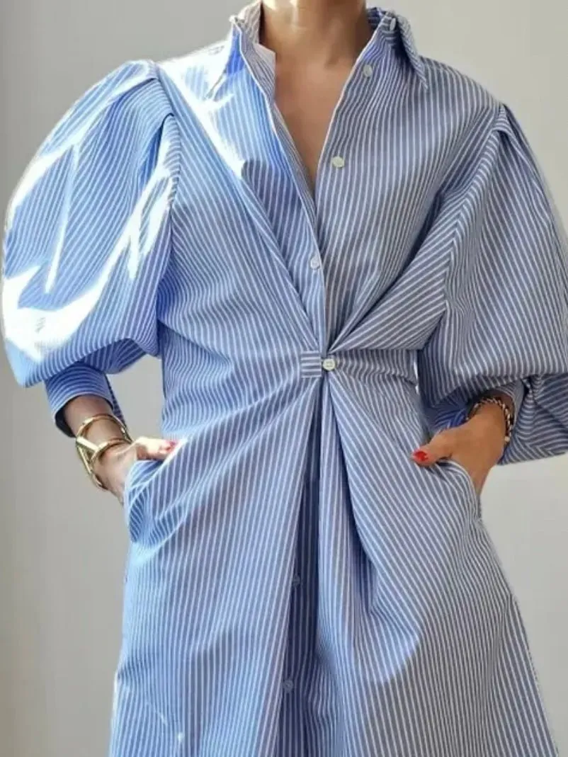 Light blue striped loose midi dress