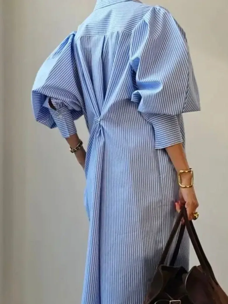 Light blue striped loose midi dress