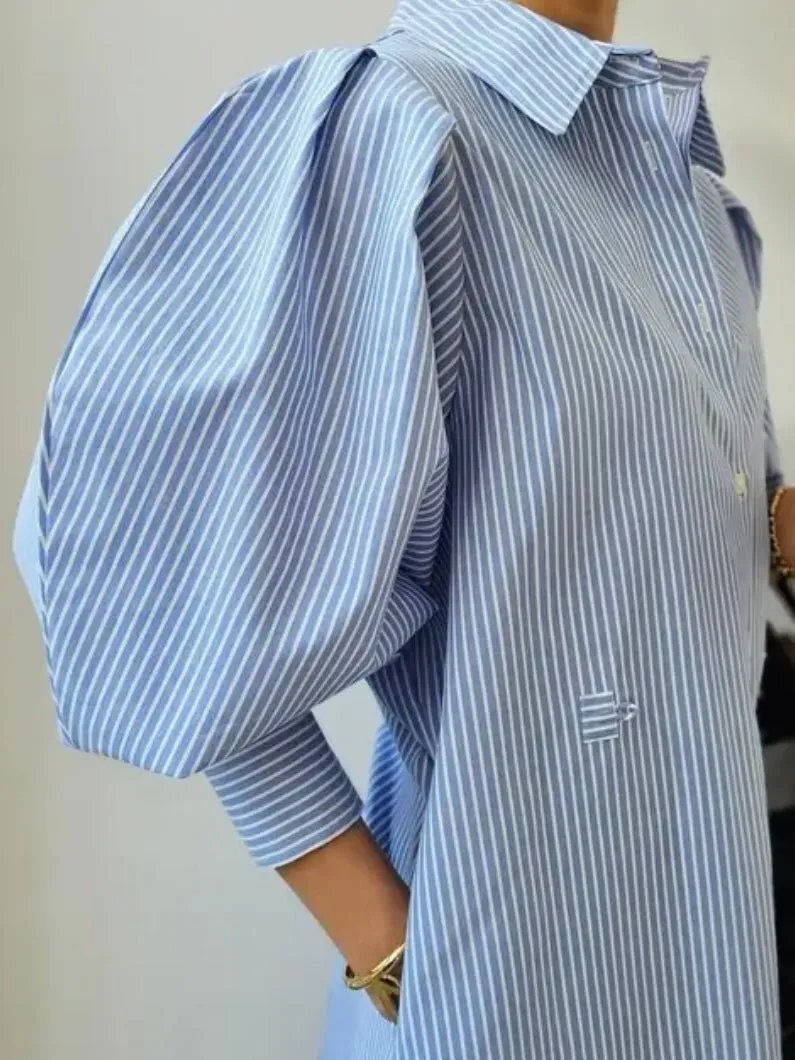 Light blue striped loose midi dress