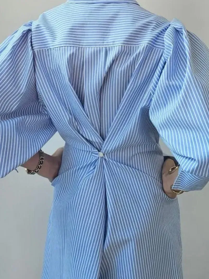Light blue striped loose midi dress