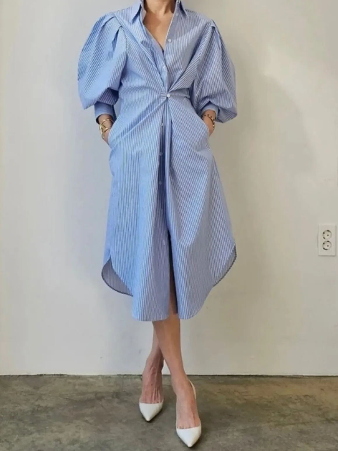 Light blue striped loose midi dress