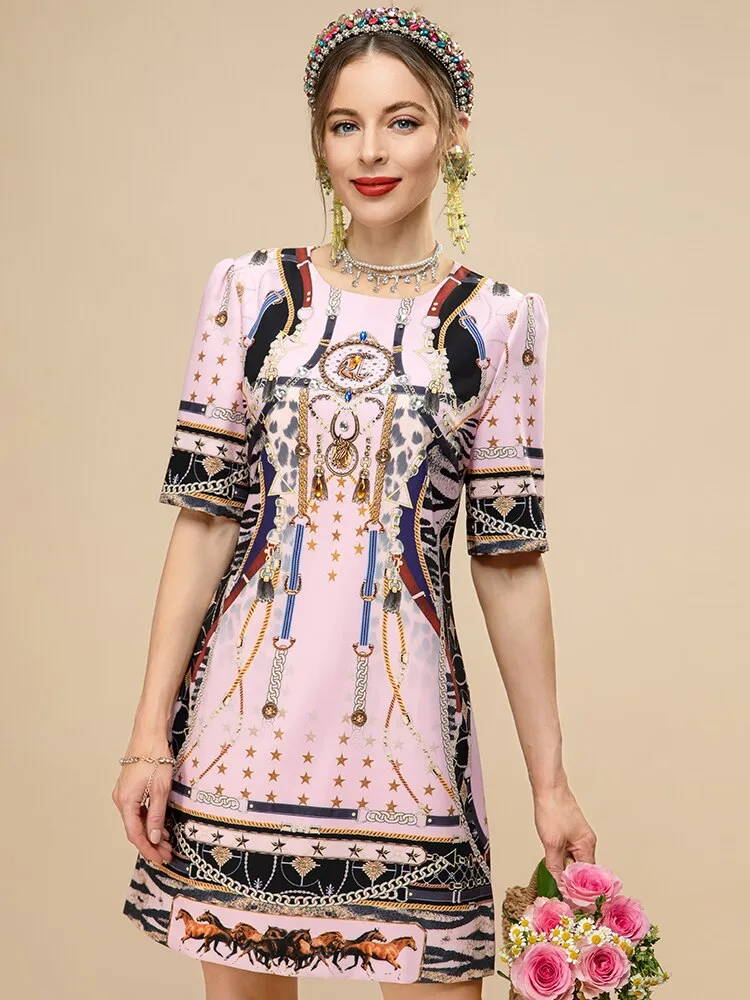 Luxury Crystal Pink Print Women's Mini Dress