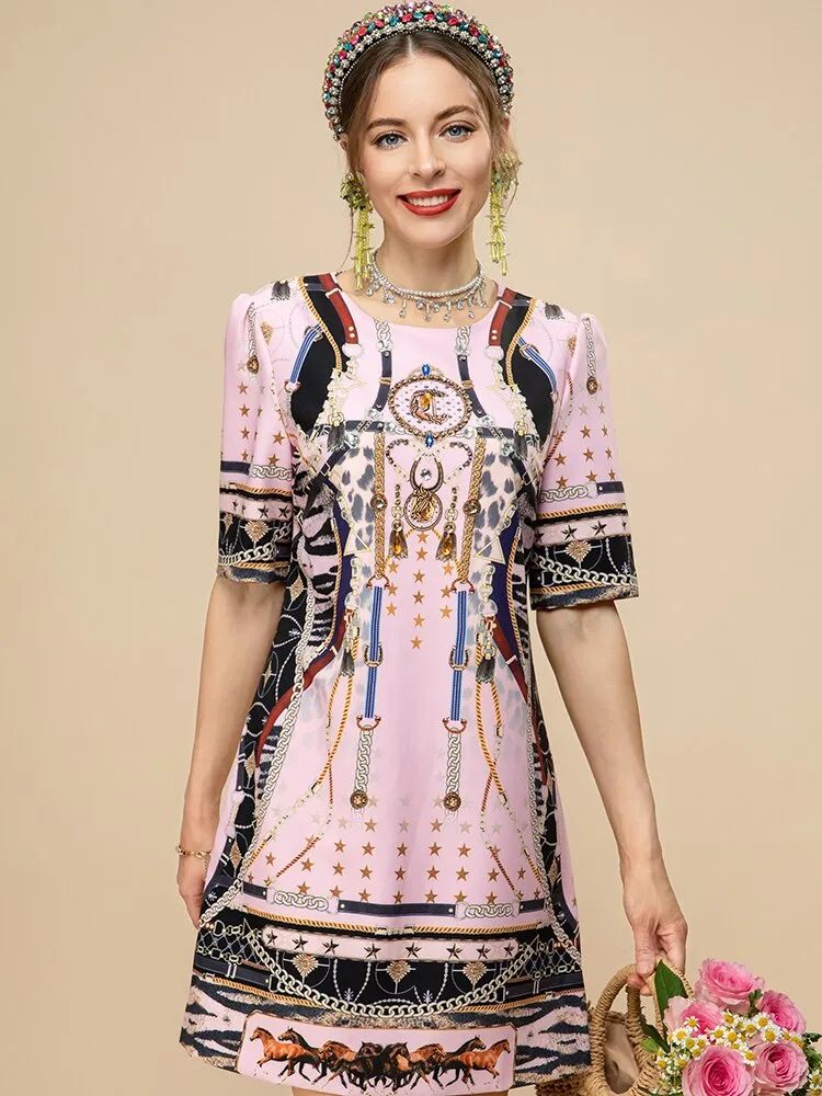 Luxury Crystal Pink Print Women's Mini Dress