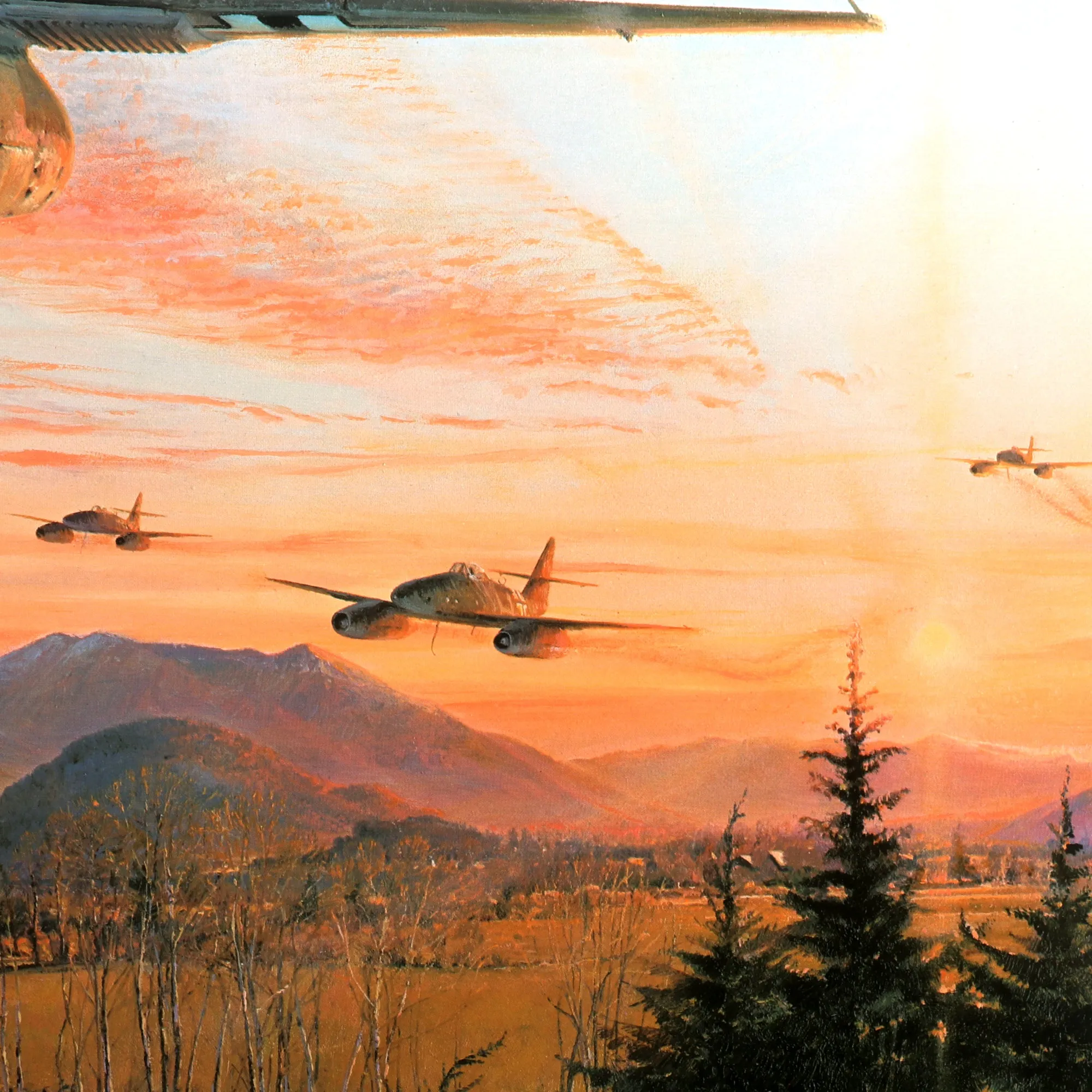 Original Artwork Print: “Fighter General” Painting of German Luftwaffe JV44 Fighters over Downed B-24; Signed by Artist and 4 German Flying Aces - 38" x 30", in Museum Grade Frame