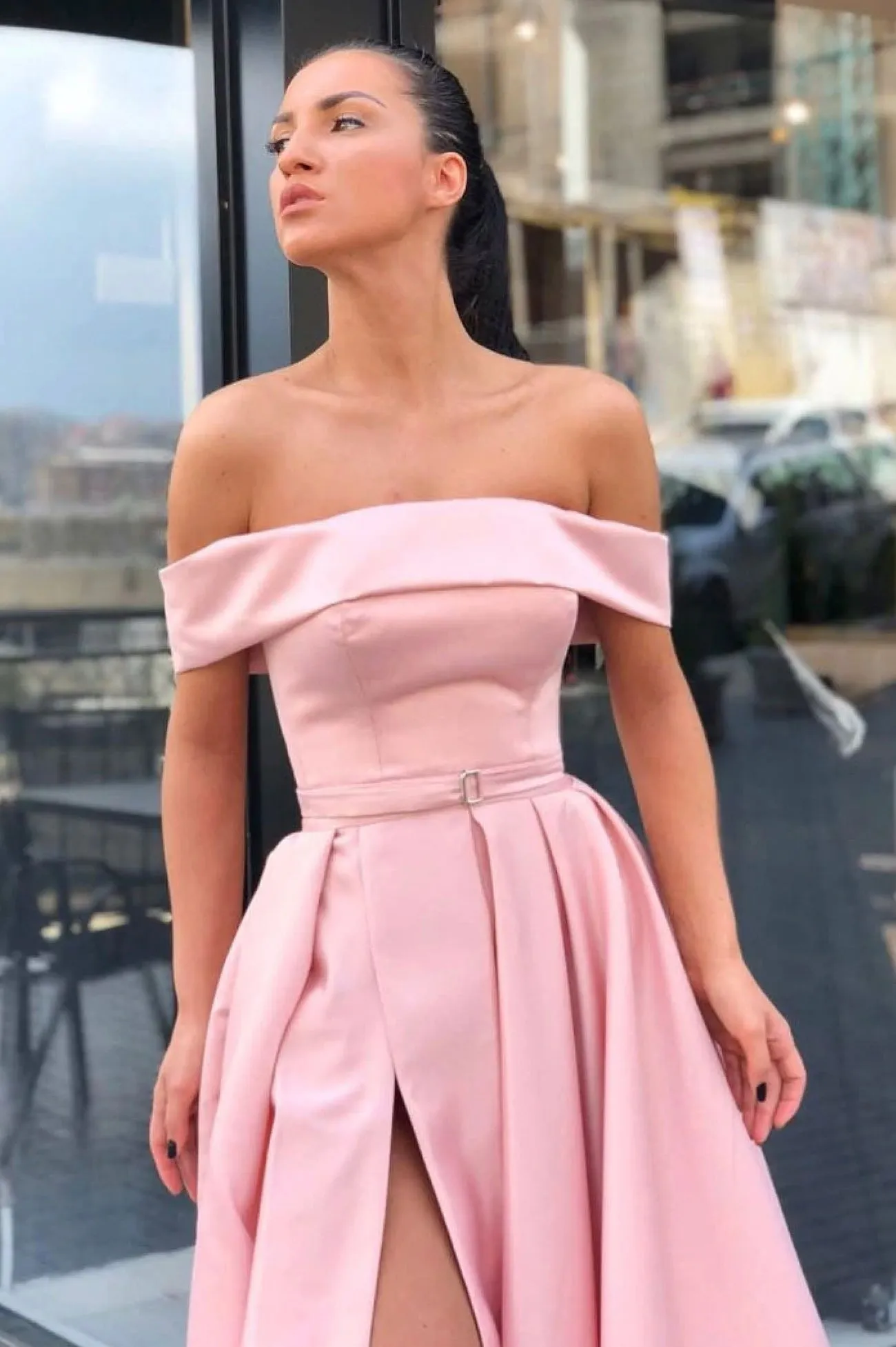 Pink Satin Off the Shoulder Floor Length Prom Dress with Slit