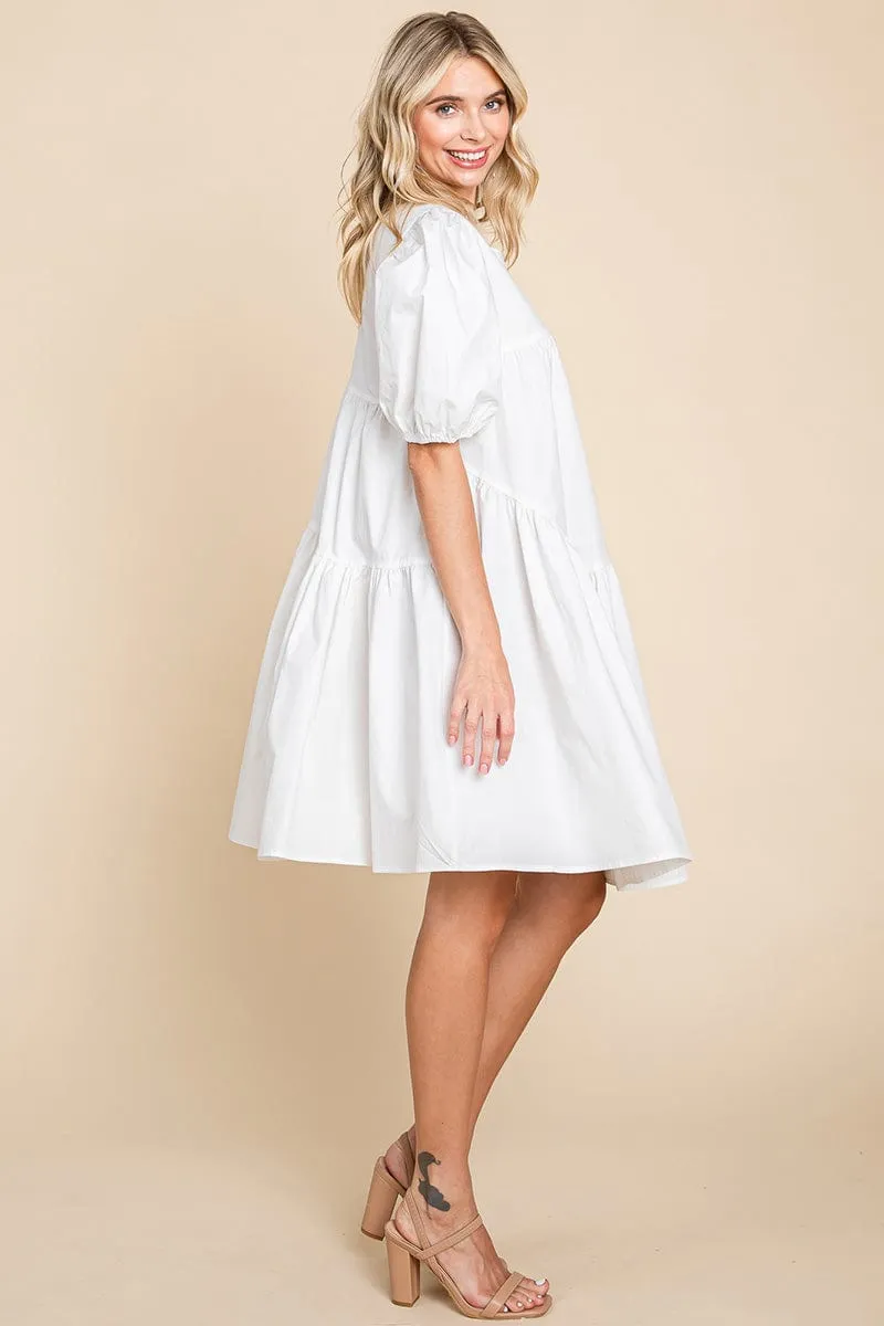 Poplin Puff Sleeve Tiered Cotton Dress