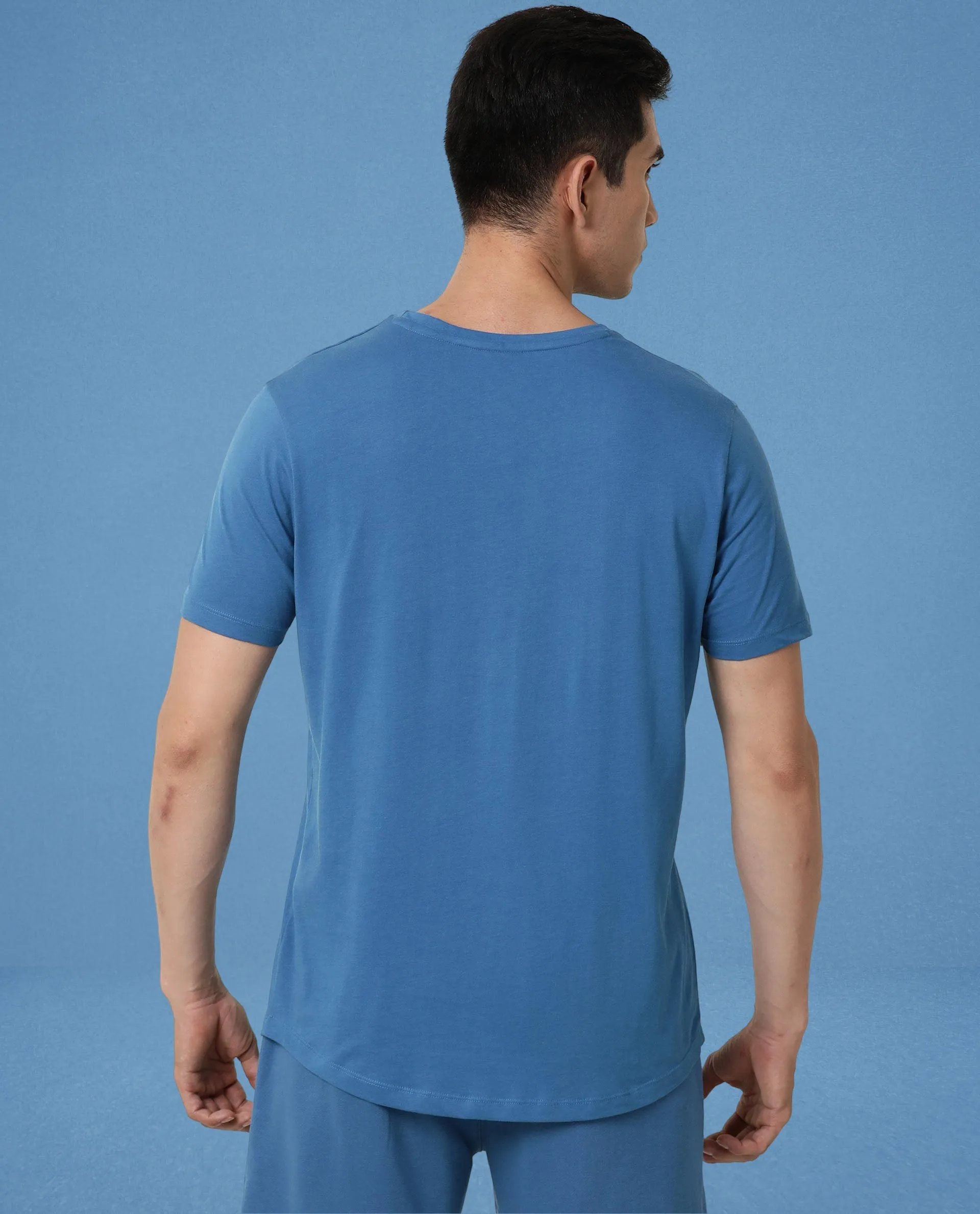 Rare Rabbit Articale Men's Caxel Enamel Blue Crew Neck Offset Brand Print Half Sleeves T-shirt