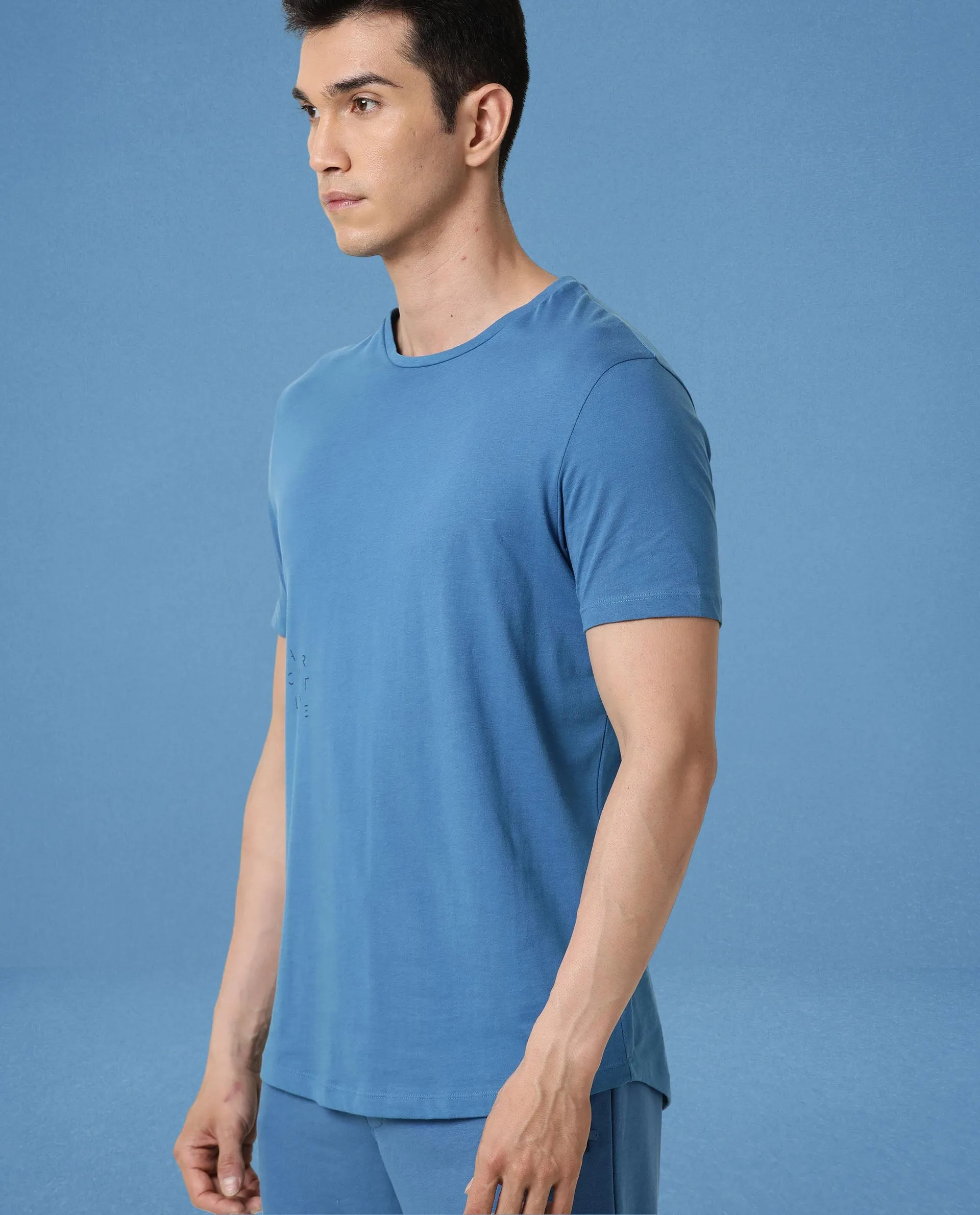 Rare Rabbit Articale Men's Caxel Enamel Blue Crew Neck Offset Brand Print Half Sleeves T-shirt