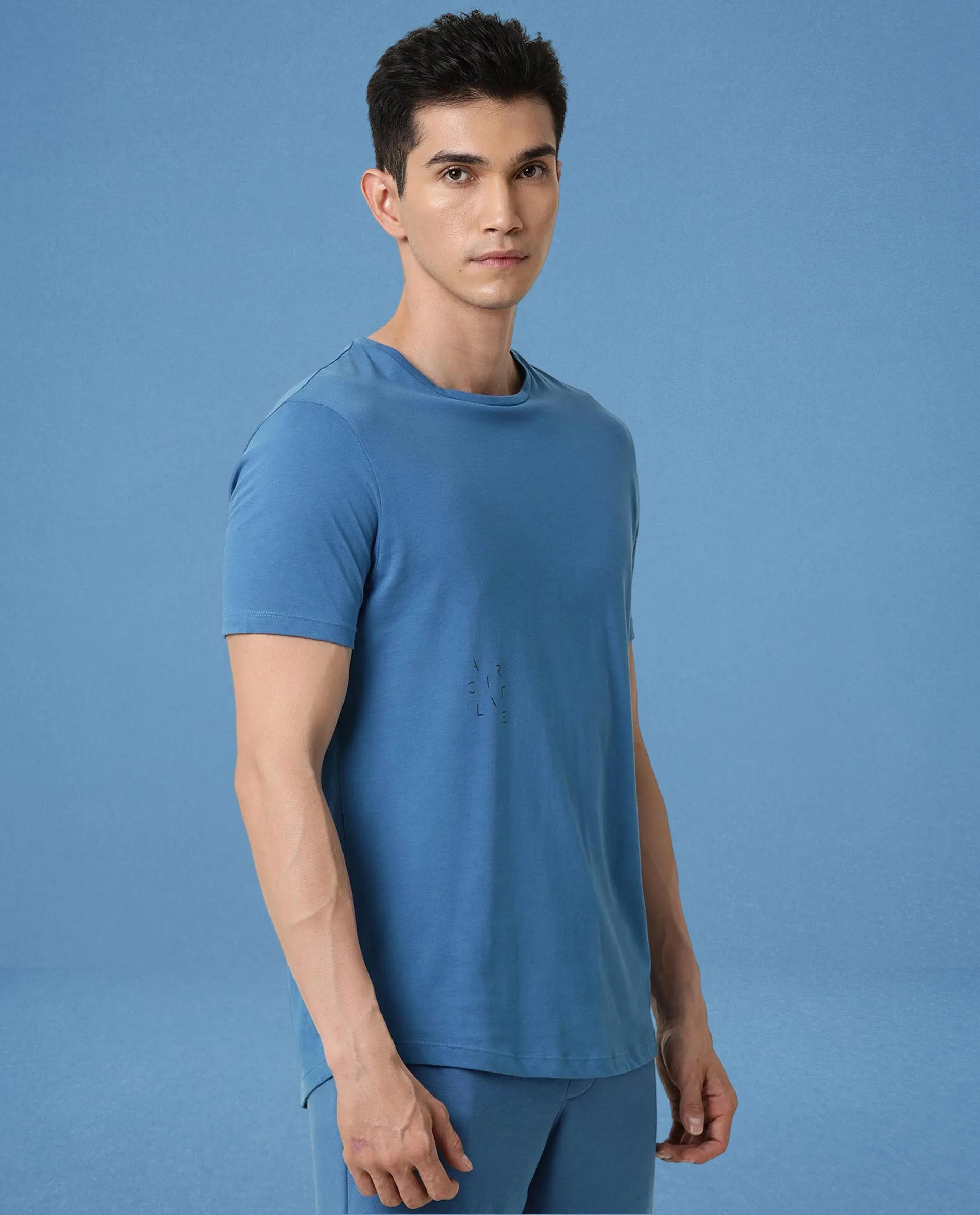 Rare Rabbit Articale Men's Caxel Enamel Blue Crew Neck Offset Brand Print Half Sleeves T-shirt