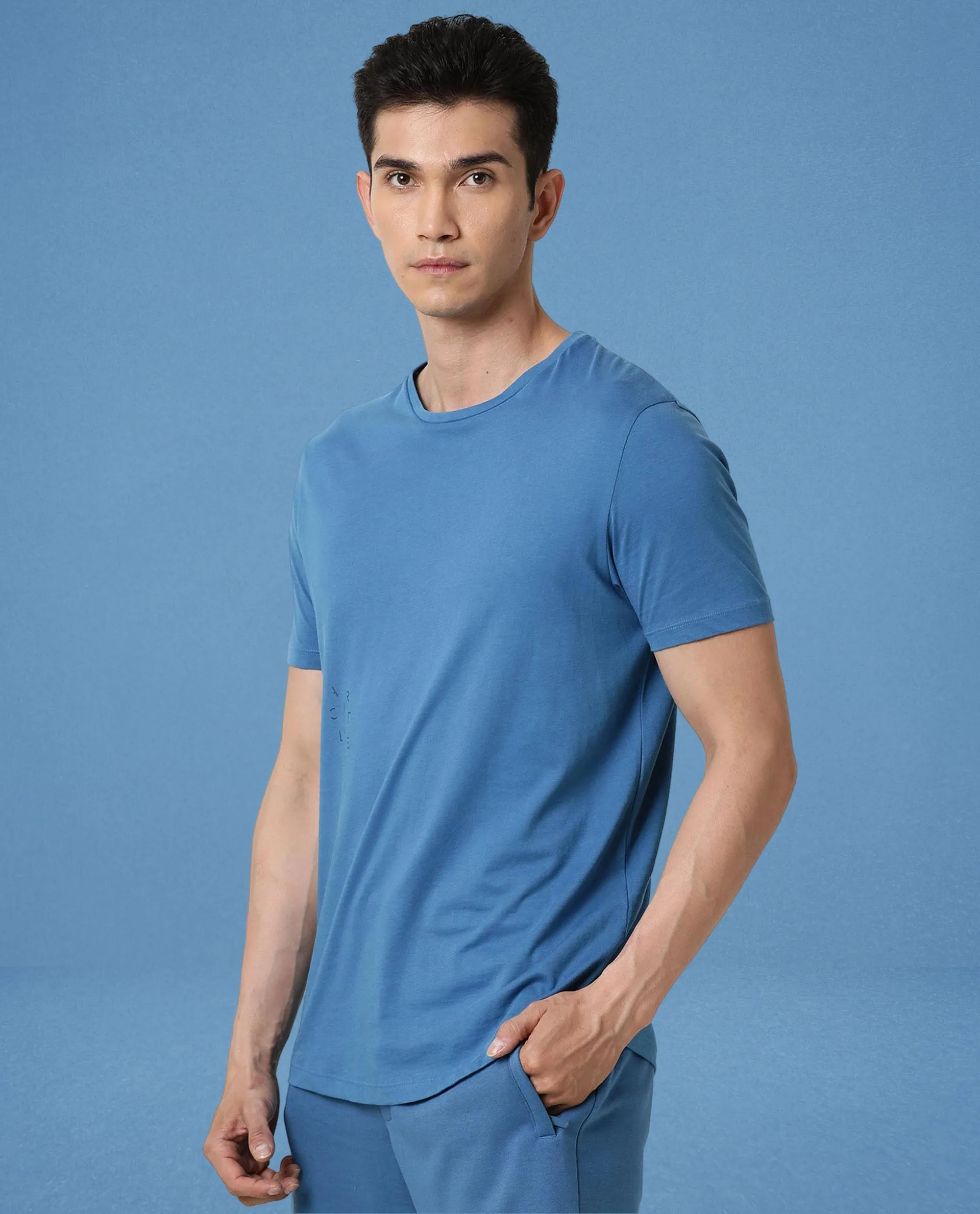 Rare Rabbit Articale Men's Caxel Enamel Blue Crew Neck Offset Brand Print Half Sleeves T-shirt