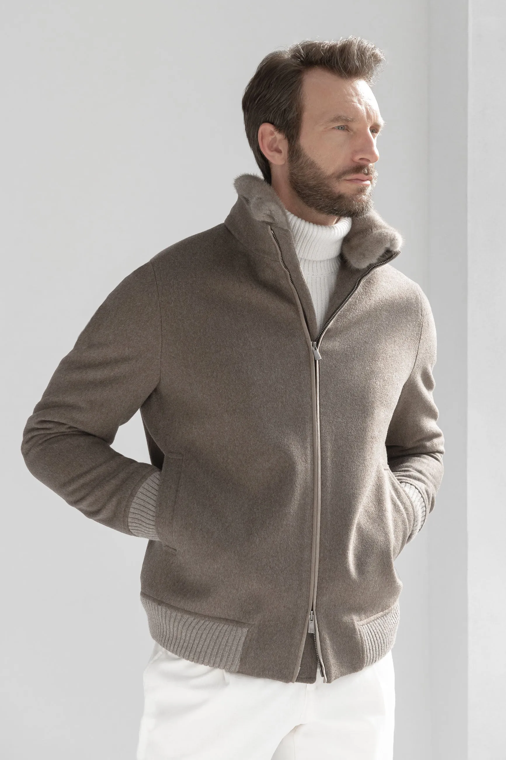 Taupe bomber with removable mink collar – Made in Italy